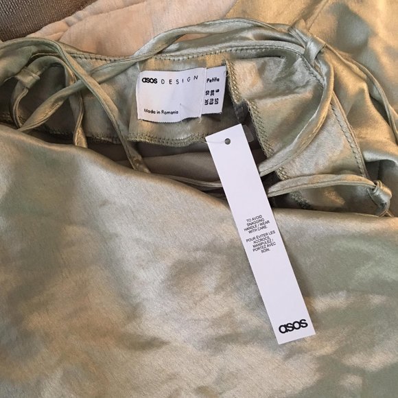 ASOS Petite Bridesmaid cami maxi slip dress in hi-shine satin lace up back sage - Picture 4 of 8